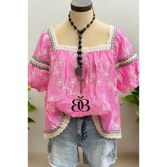 POL Pink Floral Embroidered Square Neck Chiffon Top Oversized - Picture 2 of 10